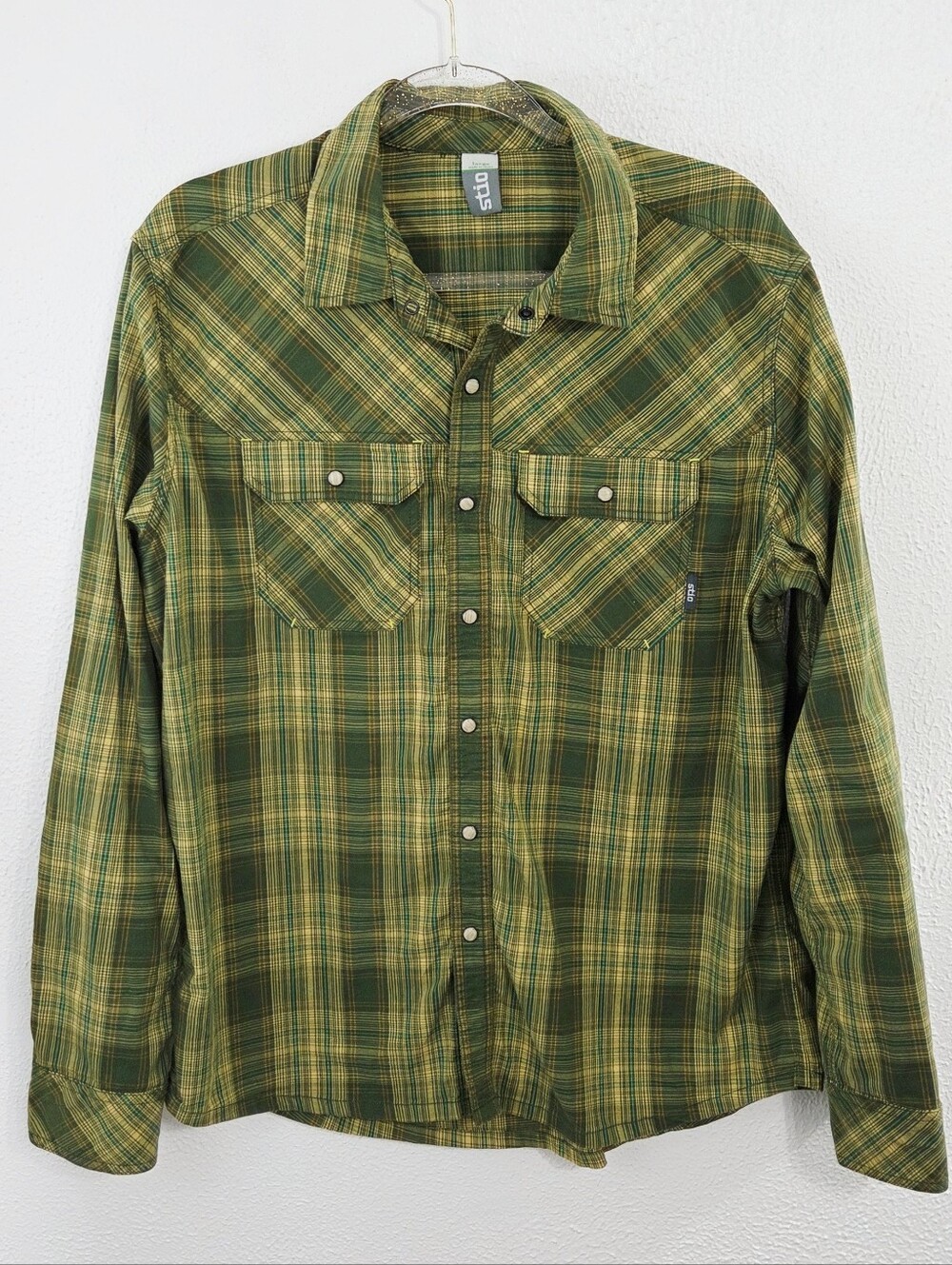 Stio green plaid pearl snap collared shirt button down long sleeve men's large L